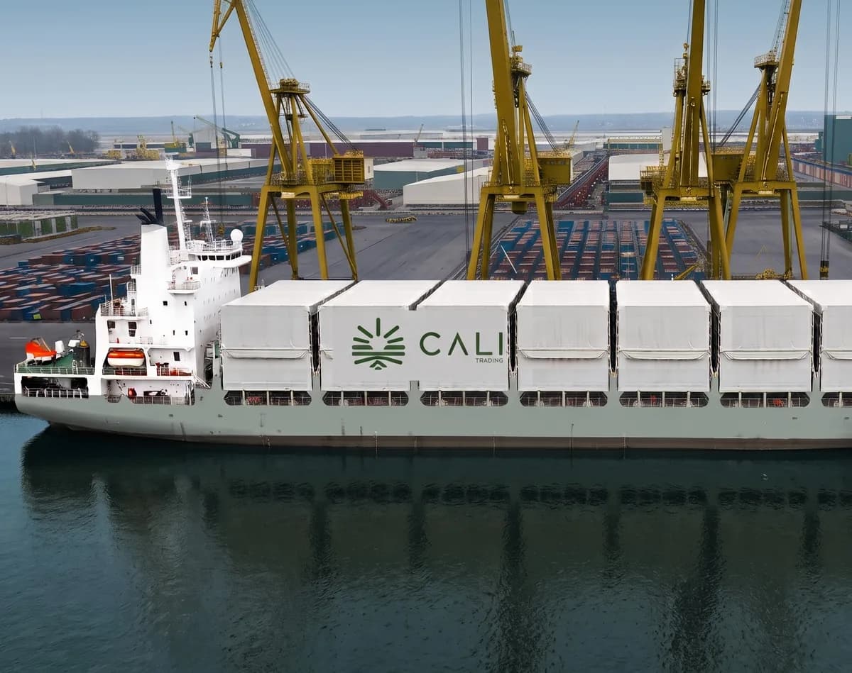 A cargo vessel berthed beneath yellow gantry cranes at a port terminal, its deck stacked with covered cargo units and a container yard stretching out behind