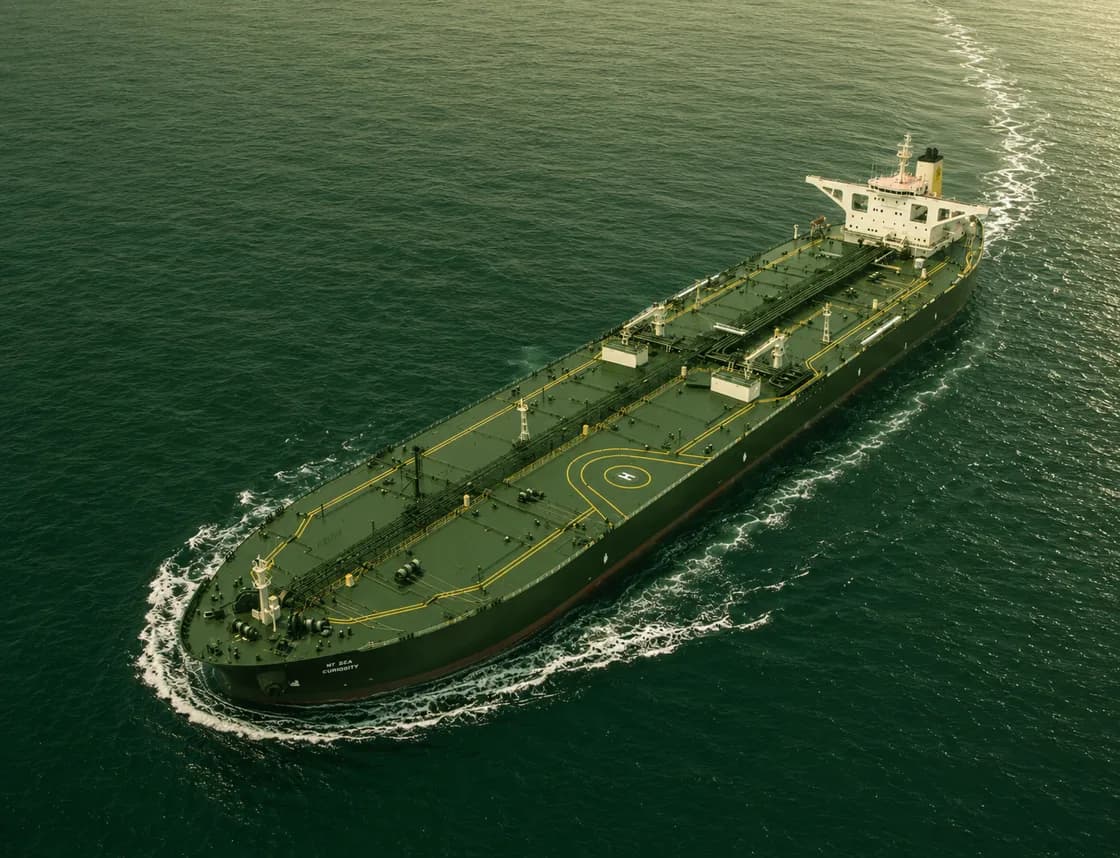 Aerial view of a laden crude-oil tanker under way across open sea, its long deck lined with cargo pipework and walkways