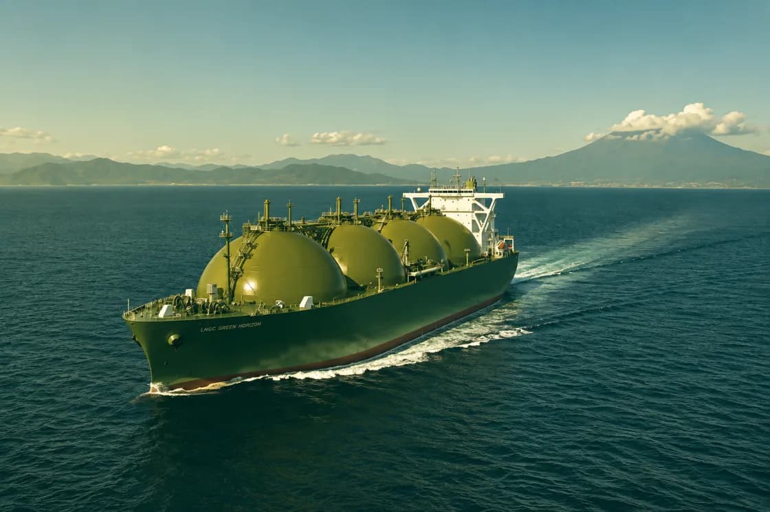 Aerial view of an LNG gas carrier under way at sea, its deck lined with large spherical cargo tanks, a mountainous coastline in the distance