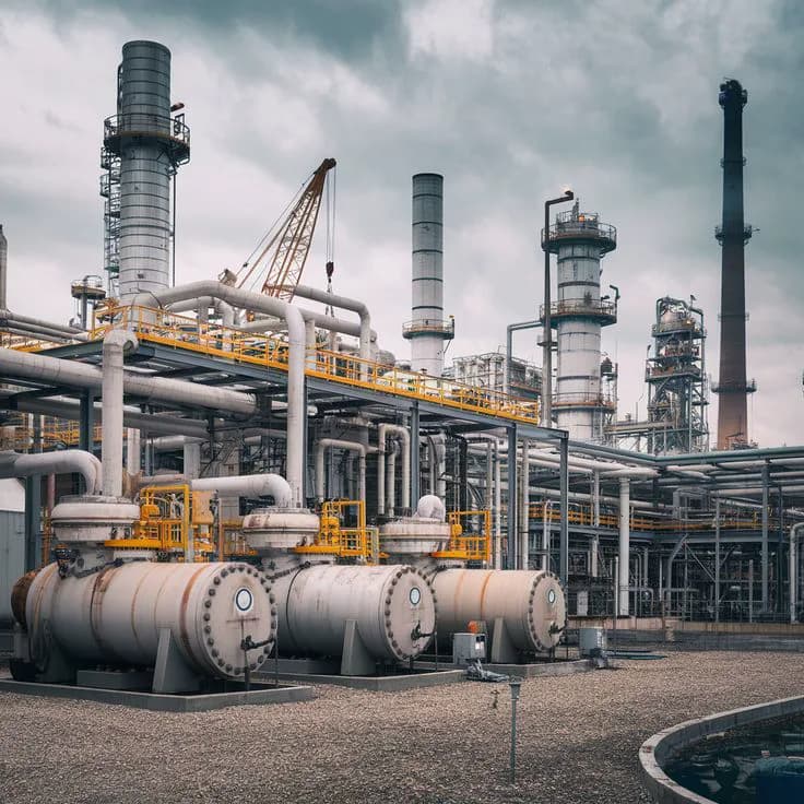Petrochemical refinery: rows of pressure vessels, distillation columns, and tall flare stacks linked by silver pipework under an overcast sky