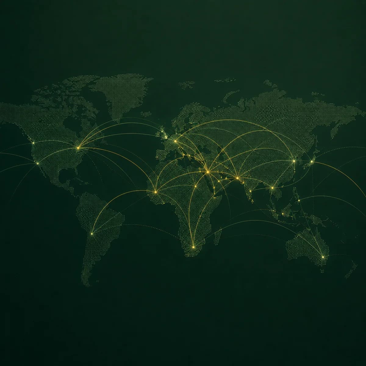Dark green dot-matrix world map with glowing amber arcs linking trading hubs across the Middle East, Africa, Europe, Asia, and the Americas